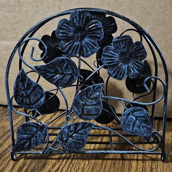 Metal Napkin Holder, Upright Painted Vintage Turquoise - Flowers/Leaf - NEW - Picture 1 of 2